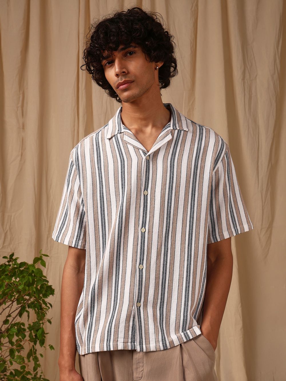 Brown Stripe Loose Fit Casual Shirt