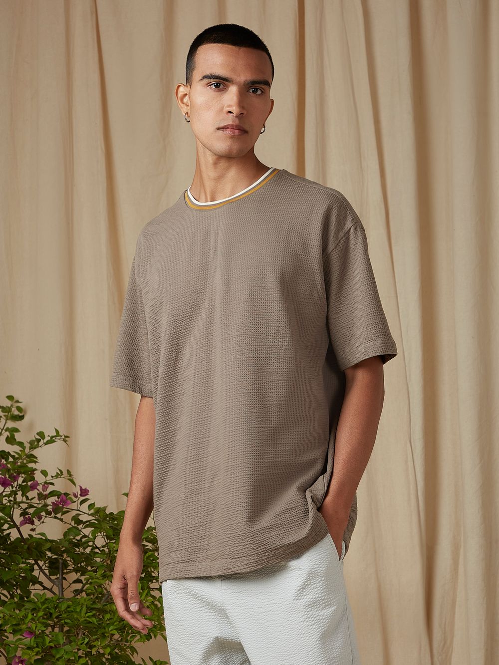 Grey Textured Knit Oversized Loose Fit T-Shirt
