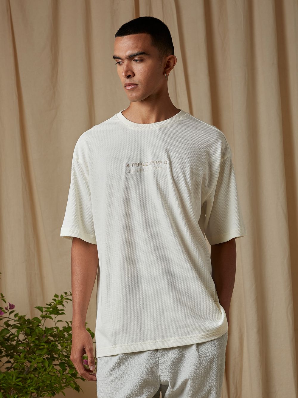 Off White Embroidered Oversized Loose Fit Tee