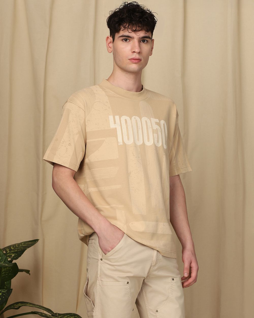 Beige Printed Oversized Tee