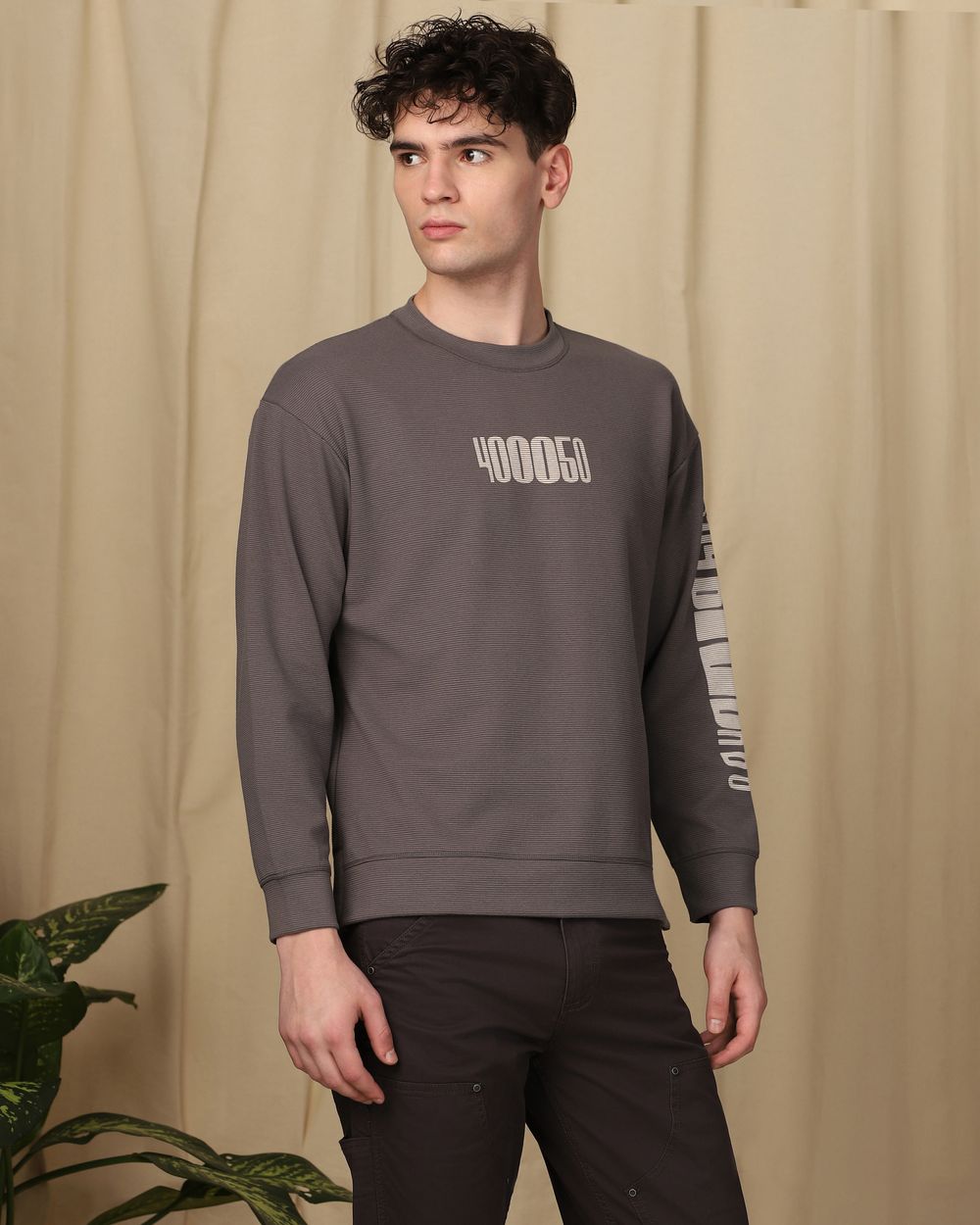 Grey Textured Plain Graphic Sweatshirt