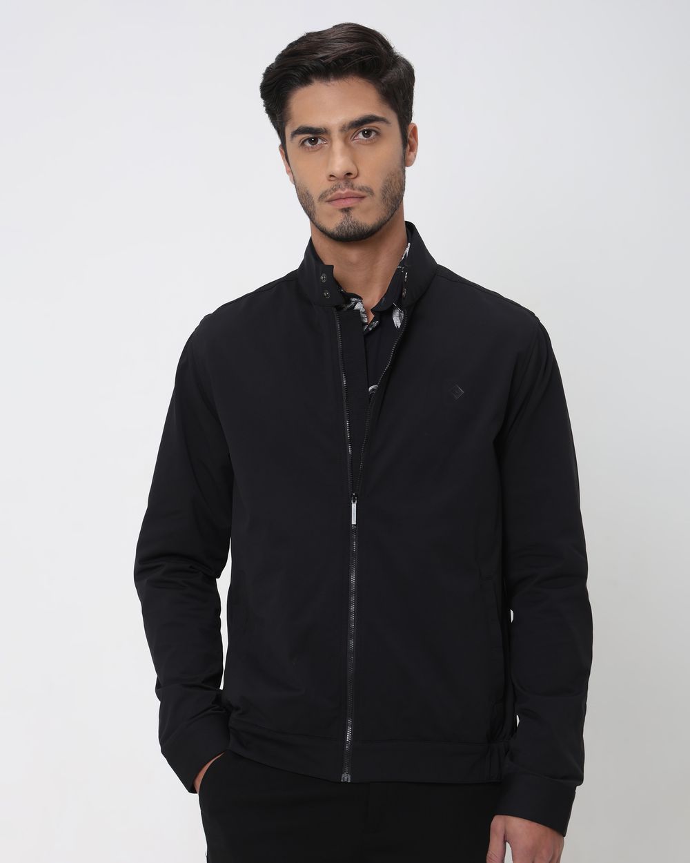 Black Band Collar Zip Thru Jacket