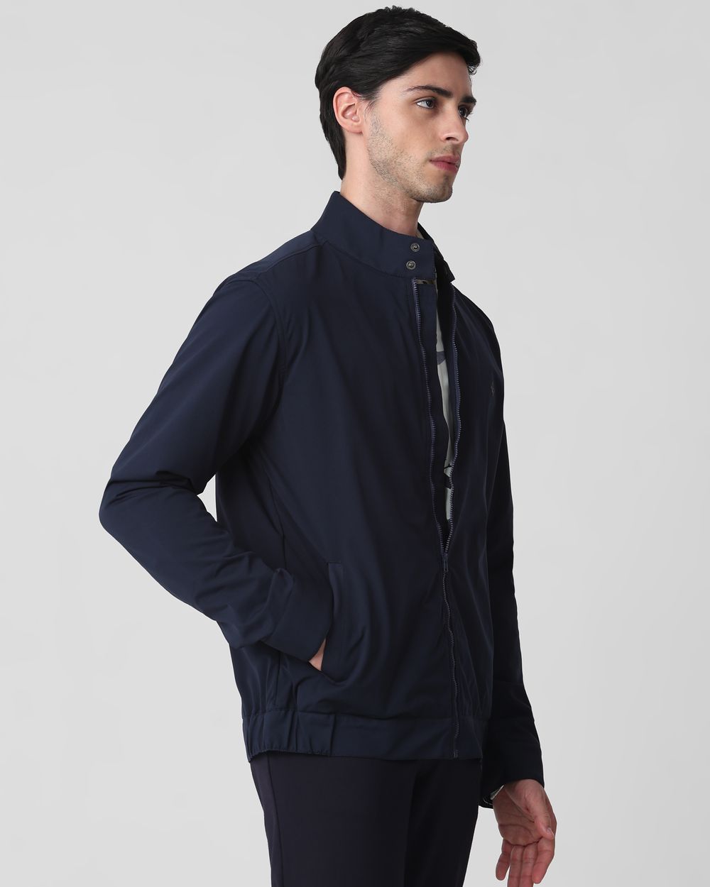 Navy Band Collar Zip Thru Slim Fit Jacket