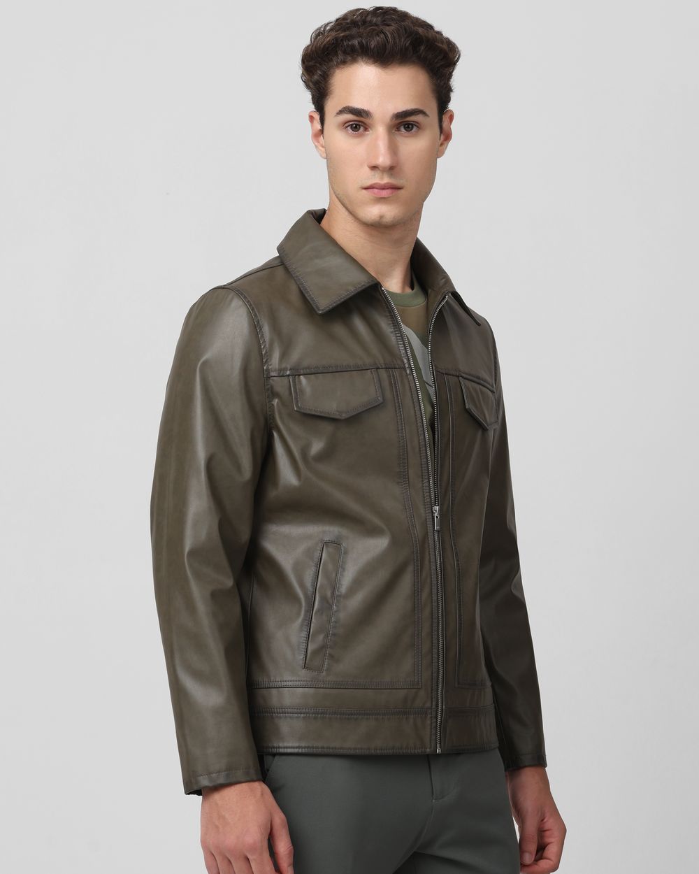 Olive Faux Leather Biker Slim Fit Jacket