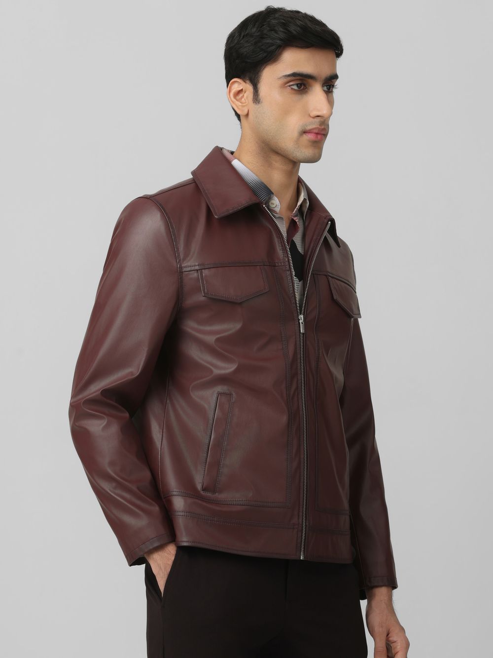 Maroon Faux Leather Biker Slim Fit Jacket