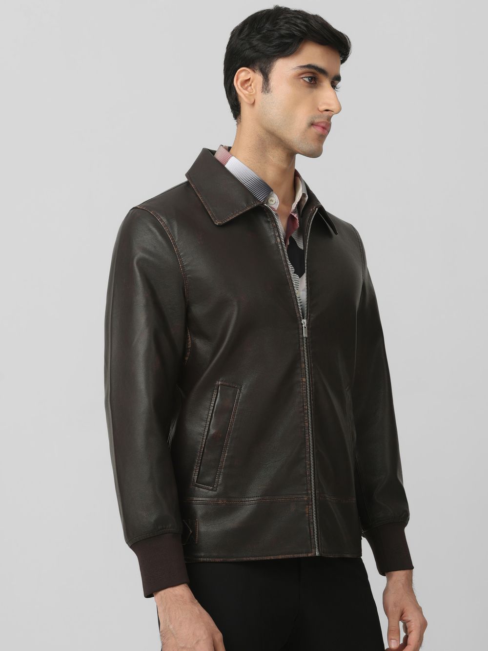 Brown Faux Leather Zip Thru Slim Fit Jacket