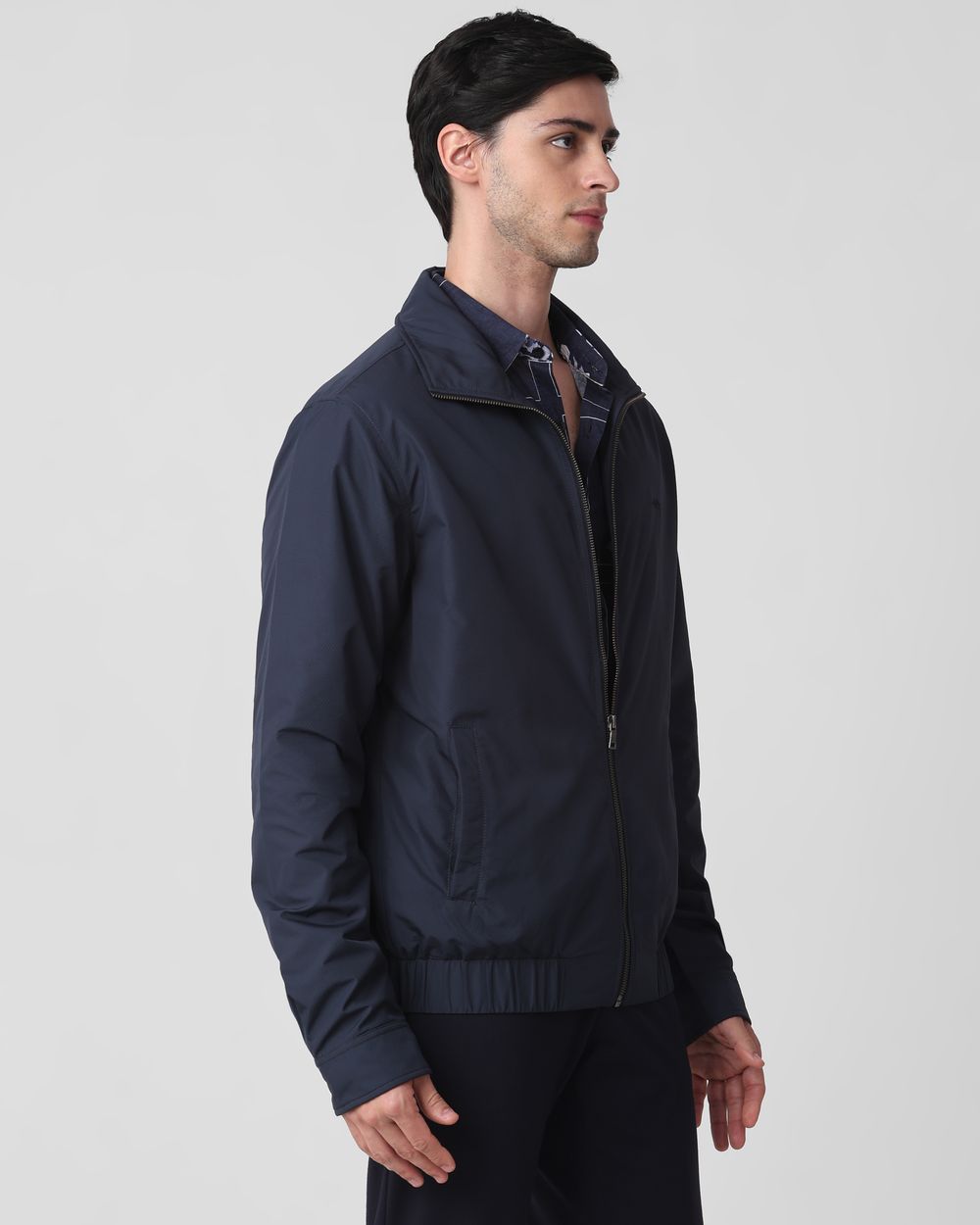 Navy Textured Zip Thru Slim Fit Jacket