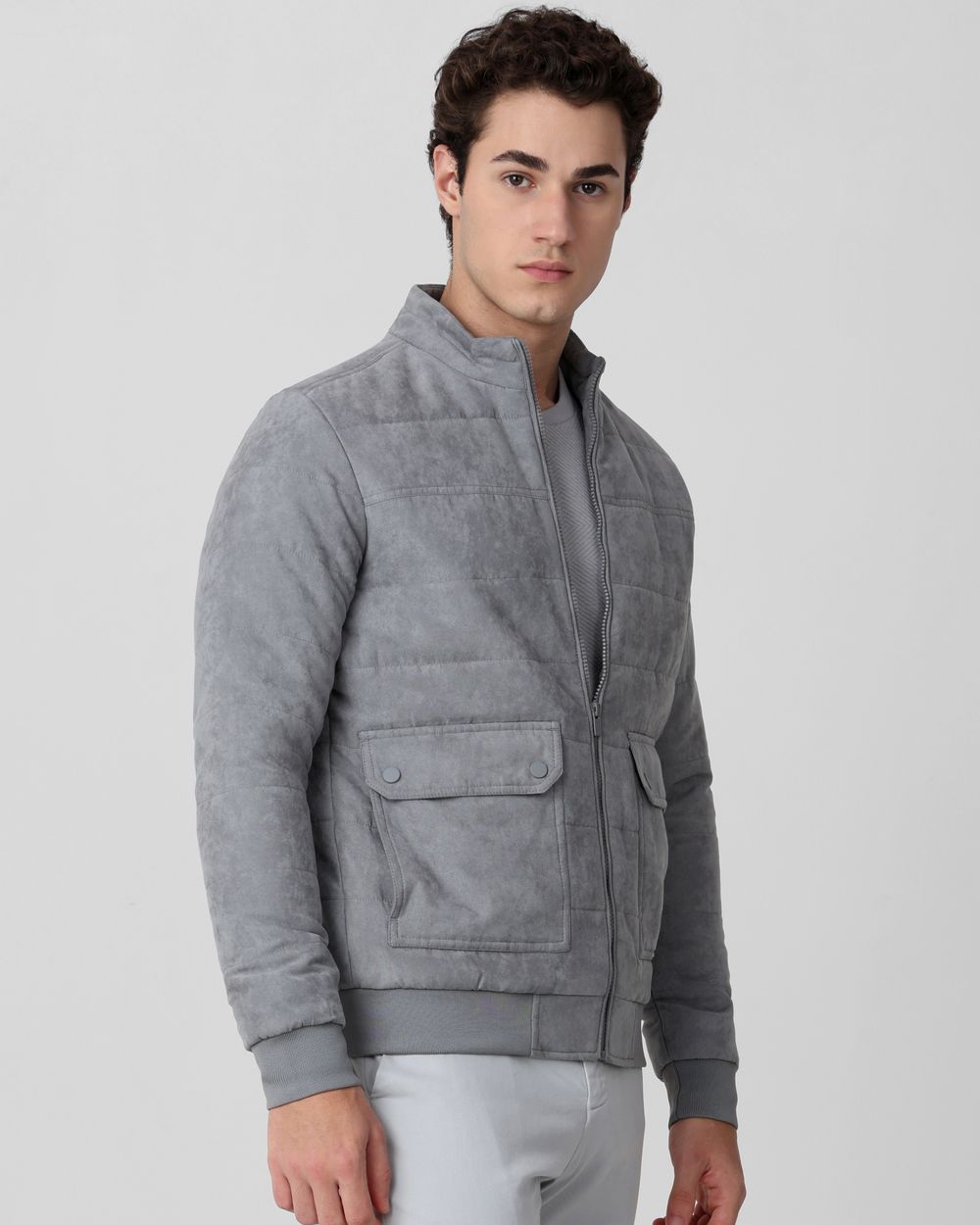 Grey Quilted Suede Slim Fit Jacket