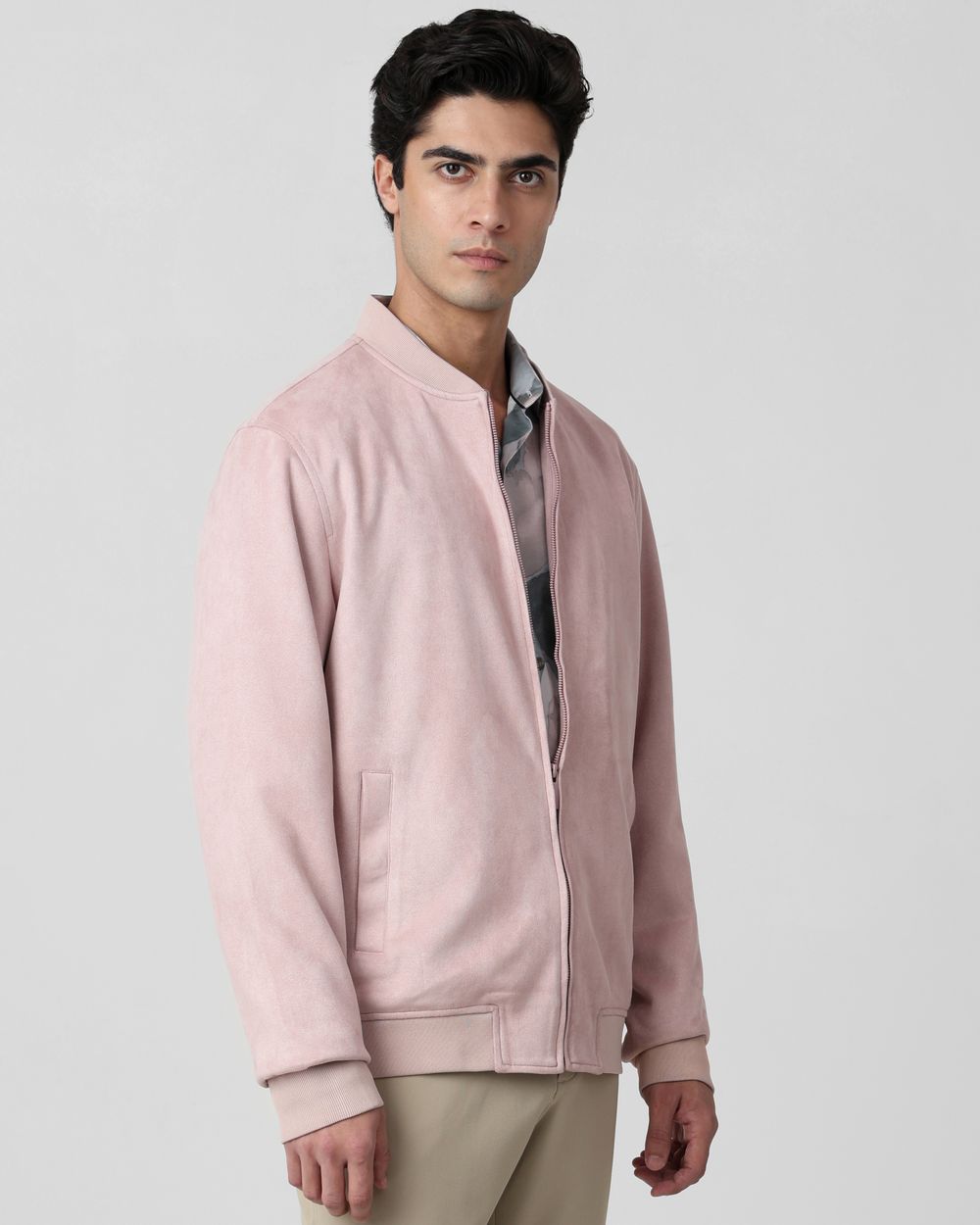 Pink Suede Bomber Slim Fit Jacket