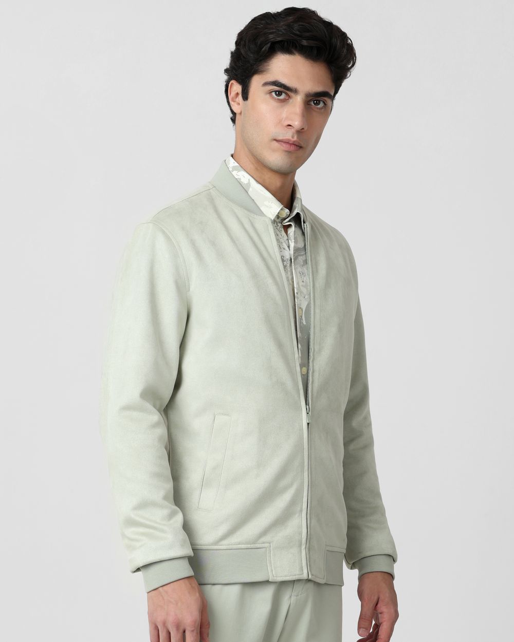 Light Olive Suede Bomber Slim Fit Jacket
