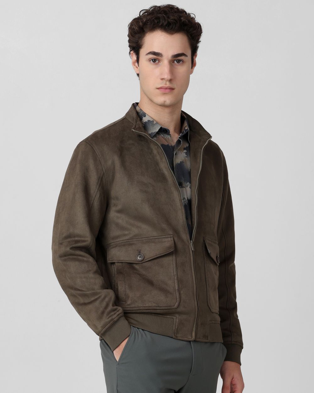 Olive Suede Bomber Slim Fit Jacket