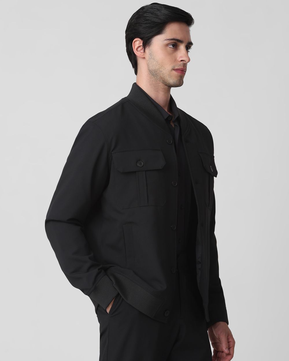 Black Double Pocket Bomber Relaxed Fit Jacket