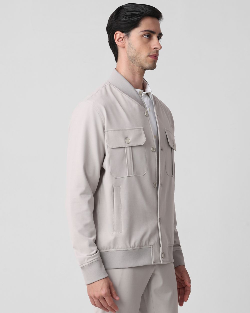 Light Grey Double Pocket Bomber Relaxed Fit Jacket