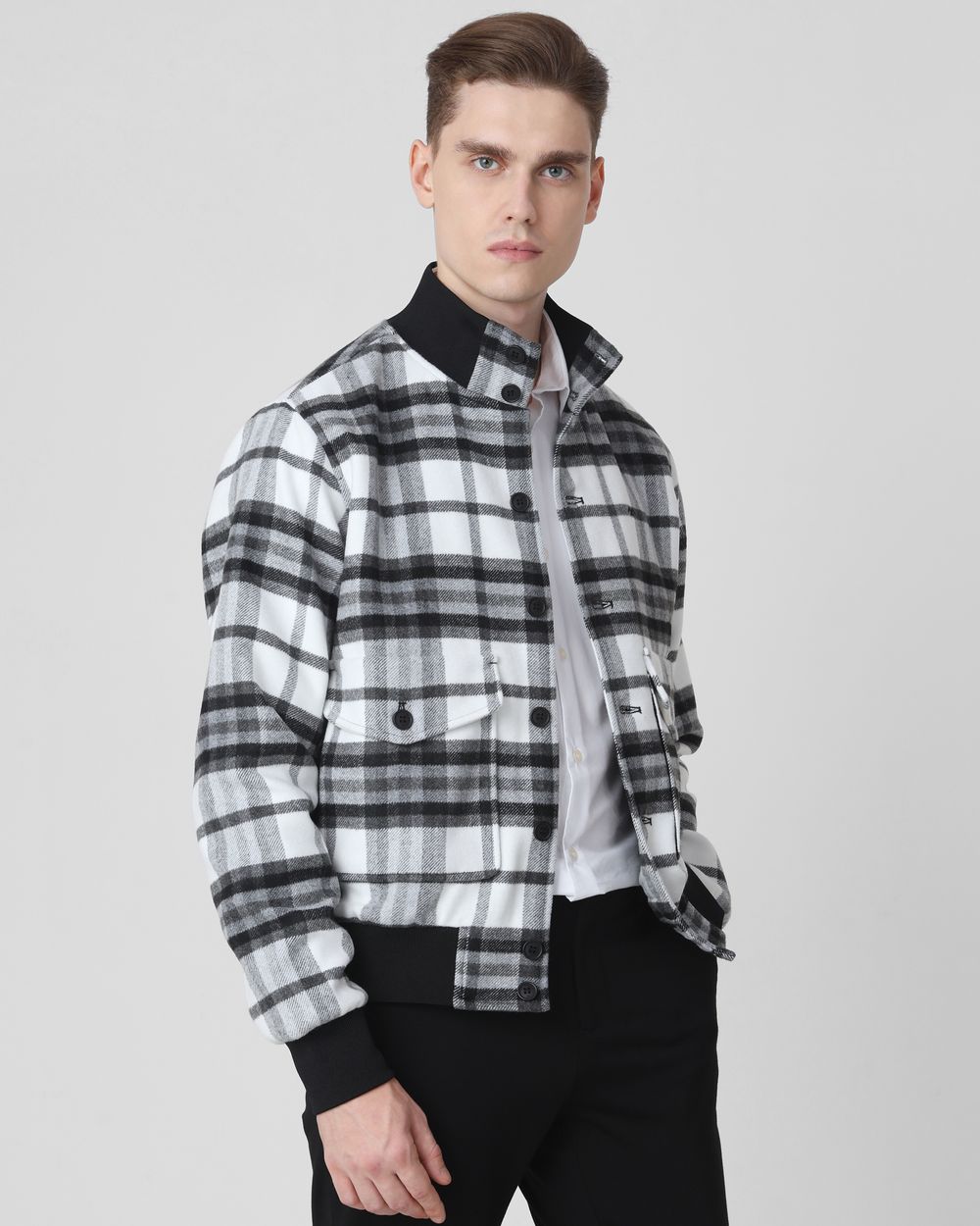 Black Flannel Check Relaxed Fit Jacket