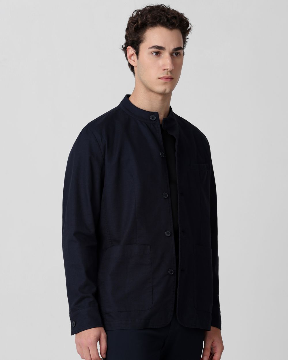 Navy Solid Extended Collar Relaxed Fit Jacket