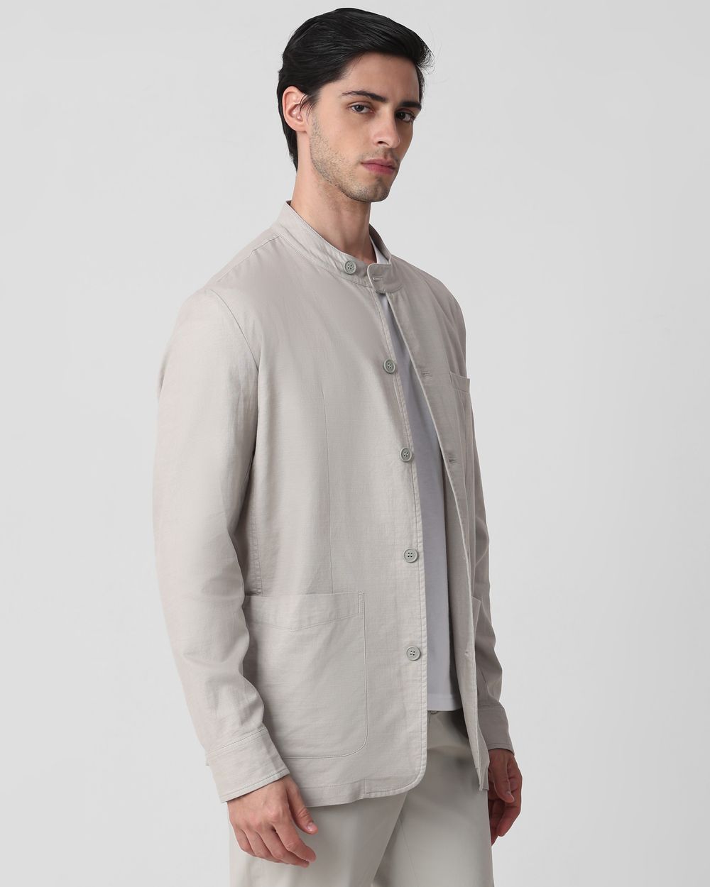 Grey Solid Extended Collar Slim Fit Jacket