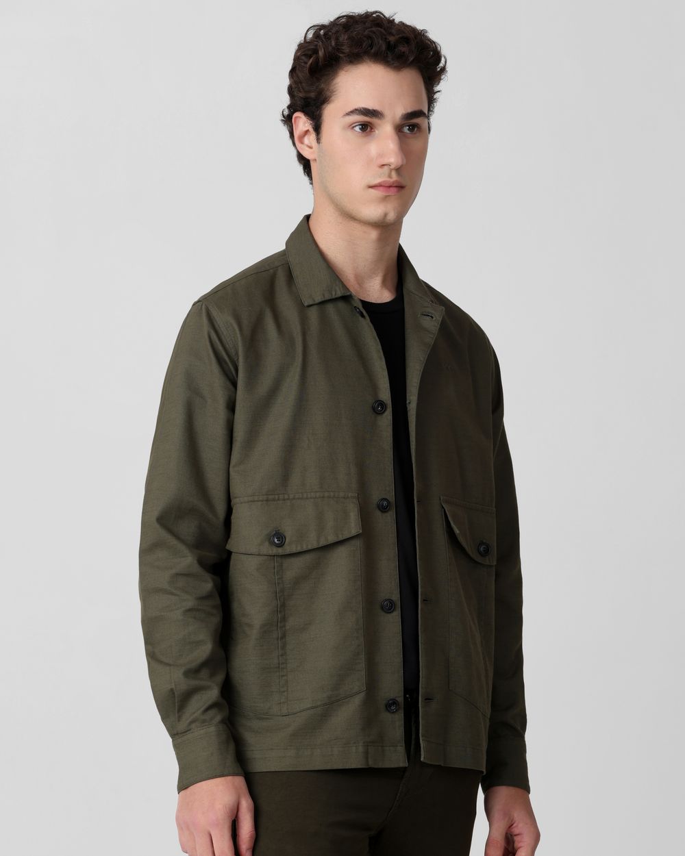 Olive Solid Button Down Relaxed fit Jacket