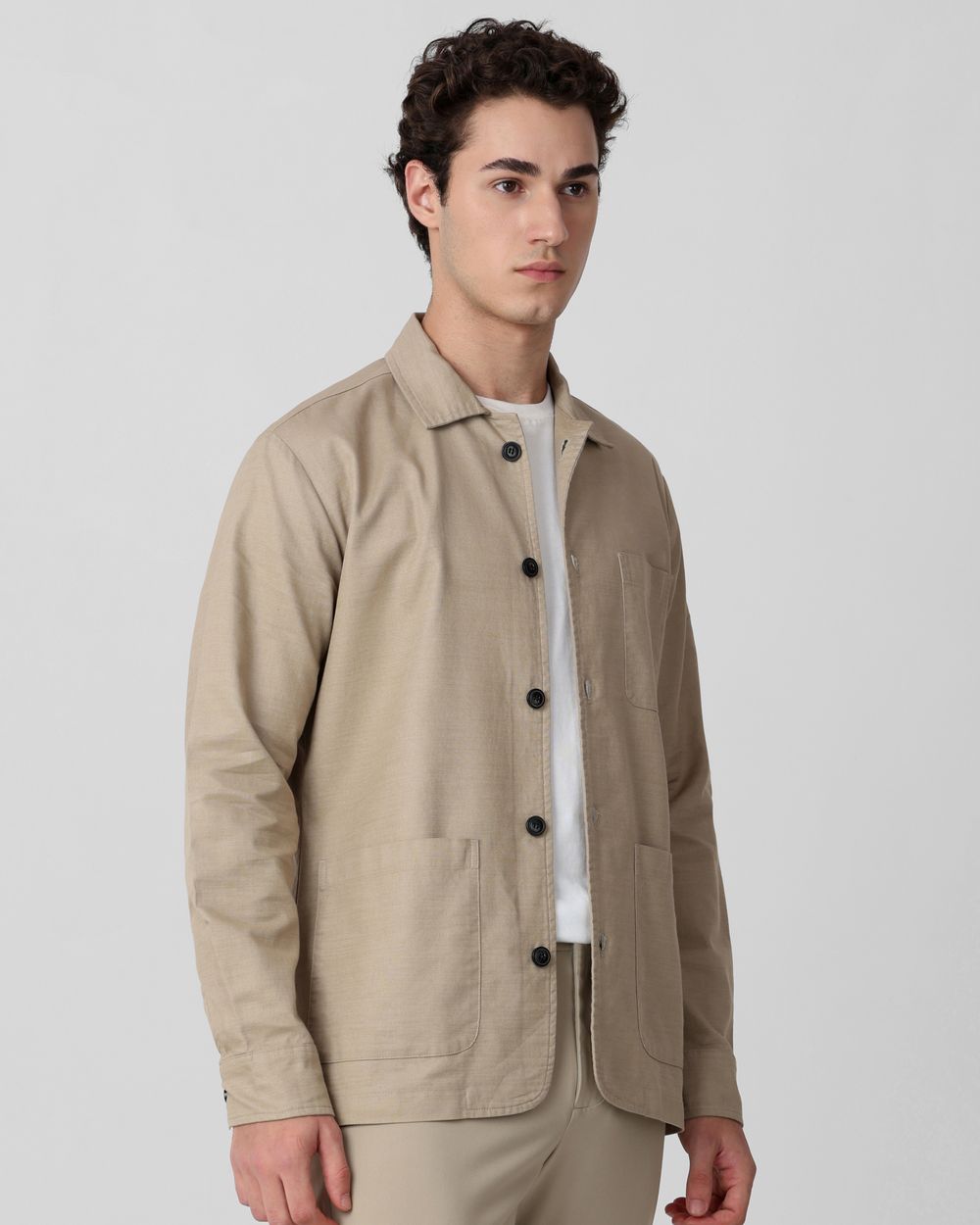 Khaki Solid Button Down Relaxed Fit Jacket