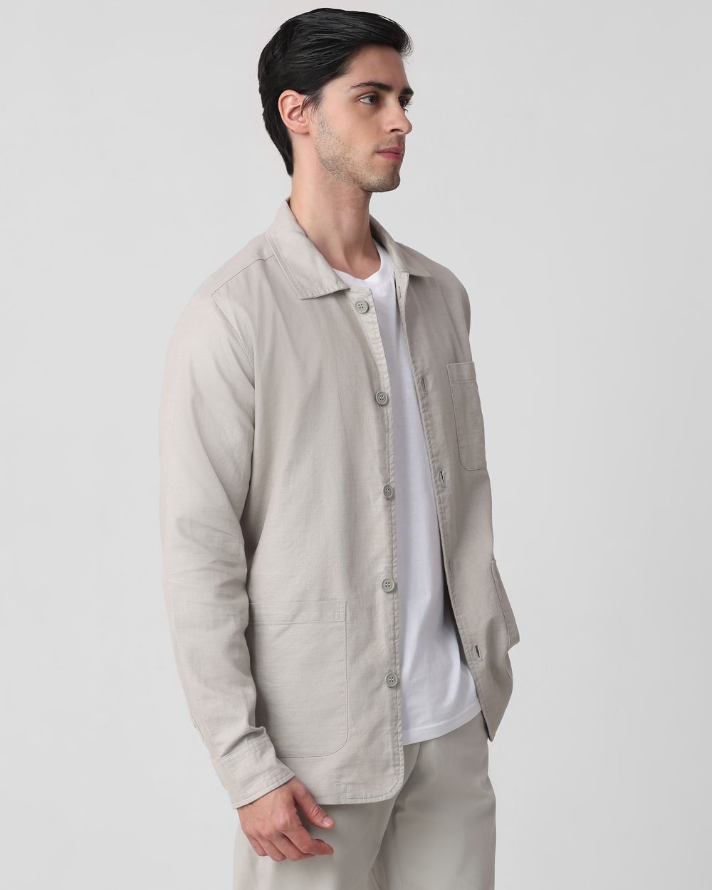 Grey Solid Button Down Relaxed Fit Jacket