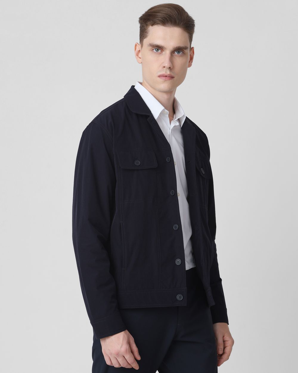 Navy Lightweight Notch Collar Nylon Trucker Jacket