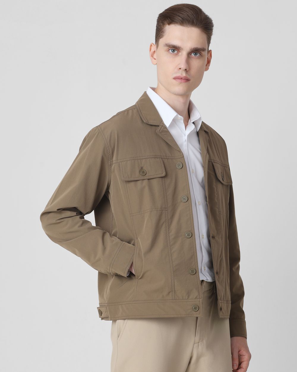 Khaki Lightweight Notch Collar Nylon Trucker Jacket