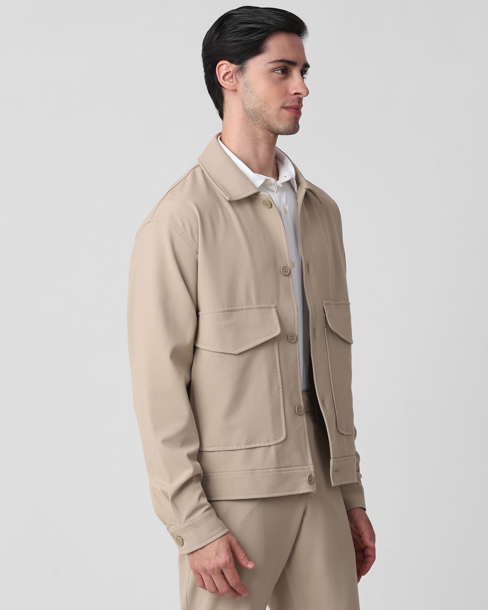 Beige Solid Button Down Relaxed Fit Jacket