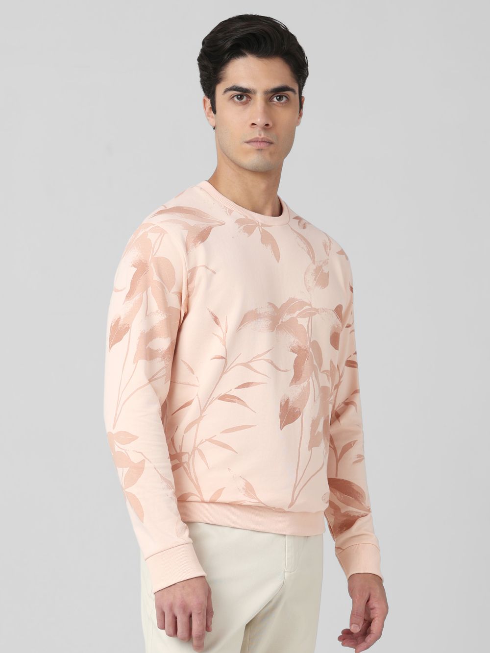 Pastel Pink Leaf Print Slim Fit Sweatshirt