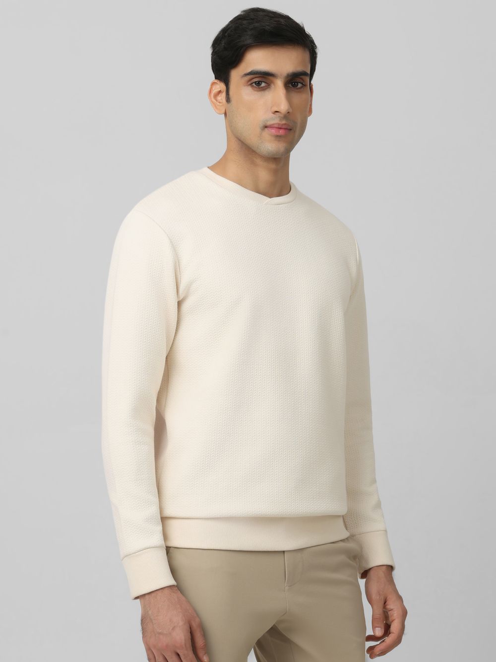 Off White Herringbone Plain Slim Fit Sweatshirt