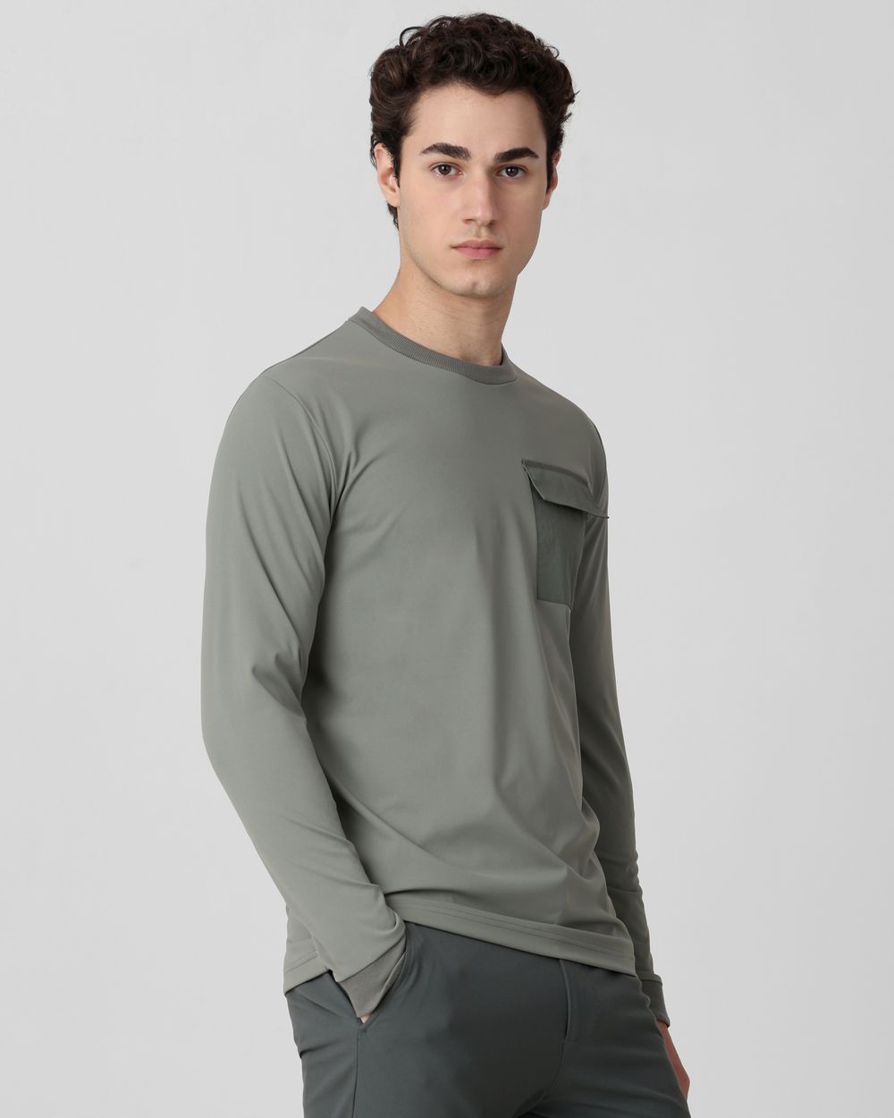 Light Green Patch Pocket Plain Slim Fit T-Shirt