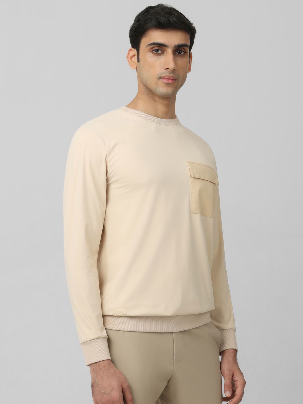 Beige Patch Pocket Plain Slim Fit T-Shirt