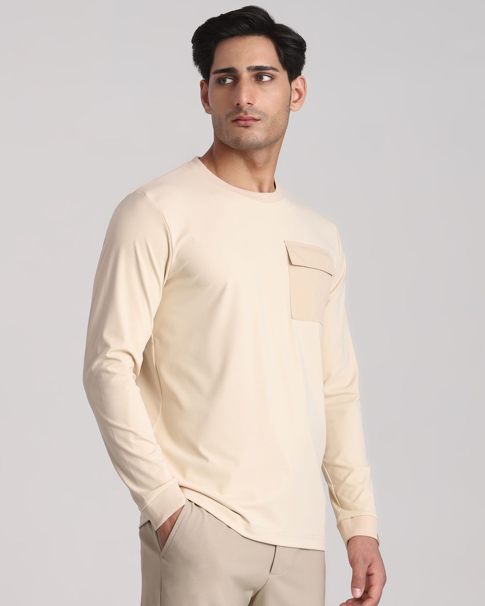 Beige Patch Pocket Plain Slim Fit T-Shirt