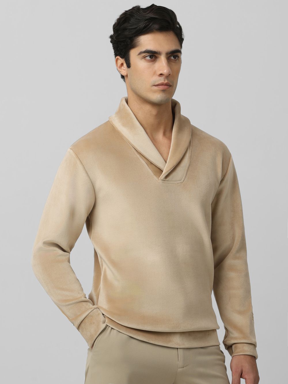 Beige velvet slim fit sweatshirt