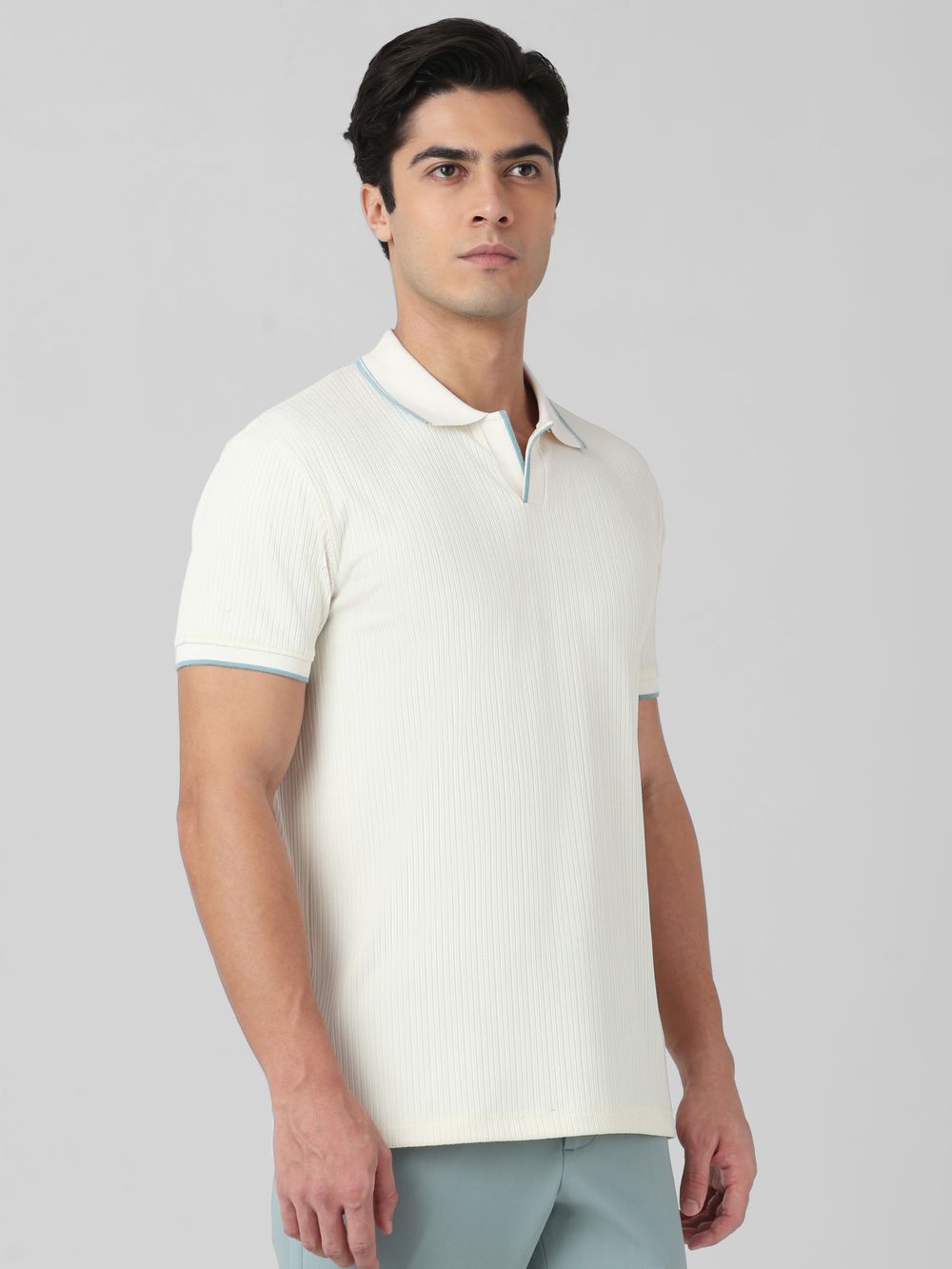 White Self-Stripe Plain Slim Fit T-Shirt