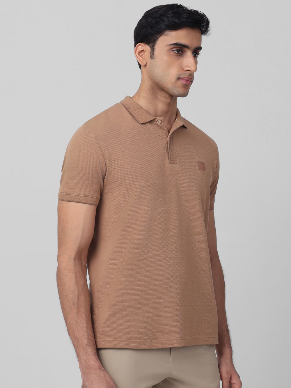 Brown Textured Plain Slim Fit Polo