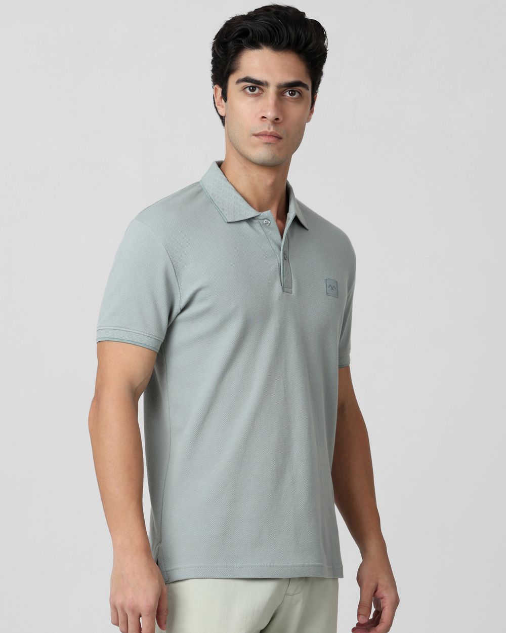 Light Green Textured Plain Slim Fit Polo