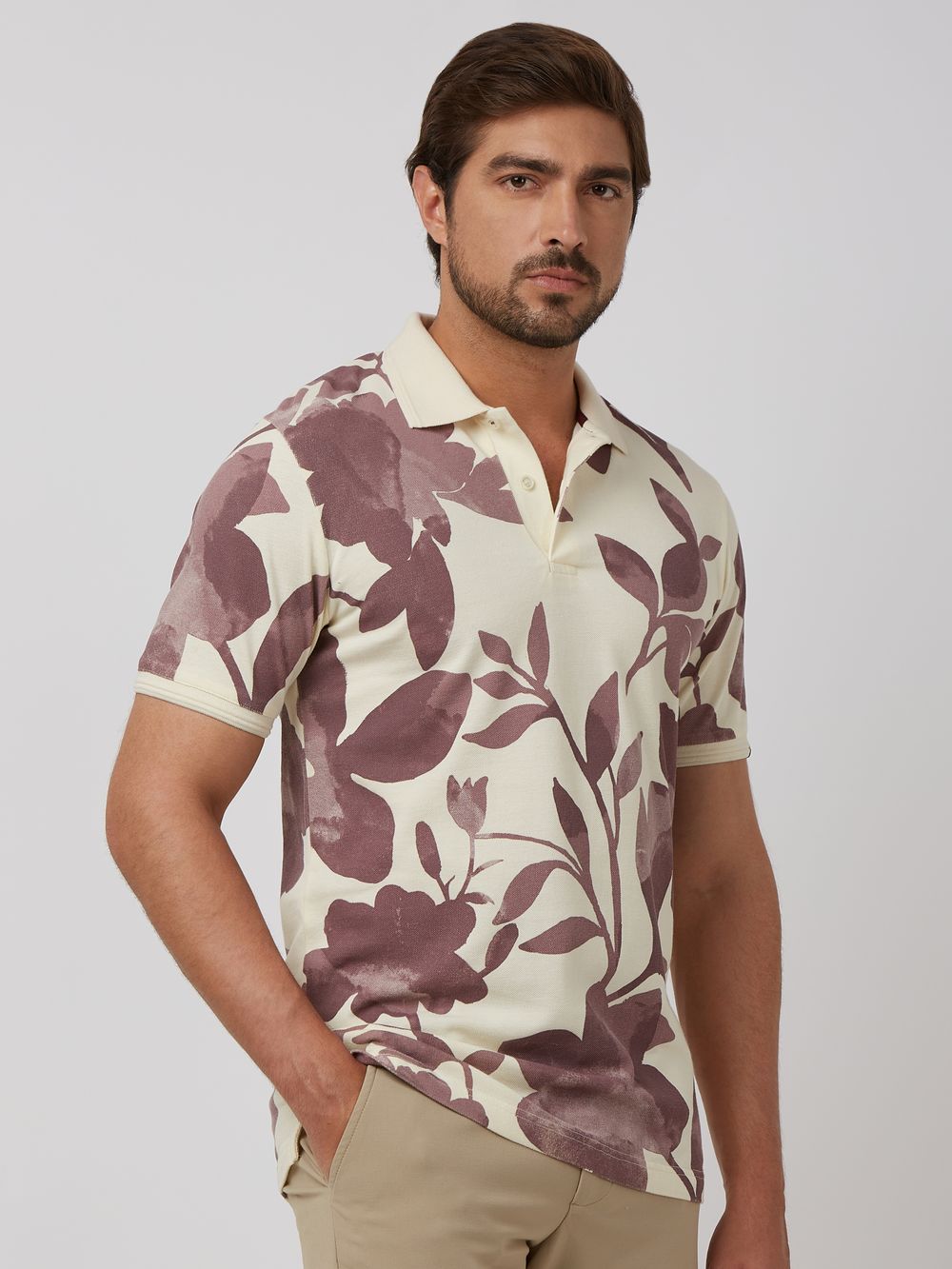 Off White Floral Print Slim Fit Polo