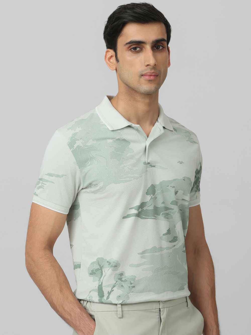 Light Green Botanical Print Slim Fit Polo