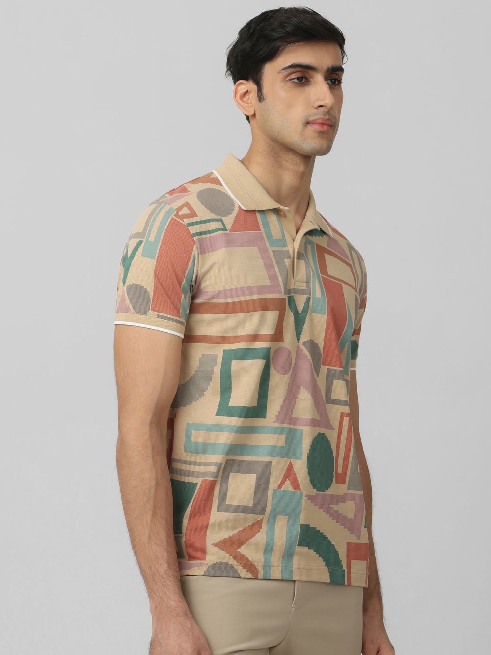 Beige Geometric Print Slim Fit Polo