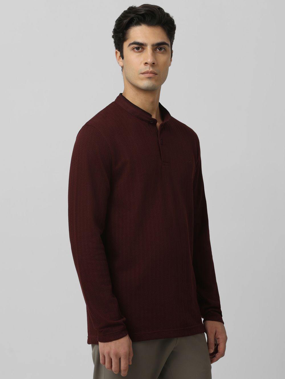 Maroon Textured Plain Full Sleeve Casual T-Shirt