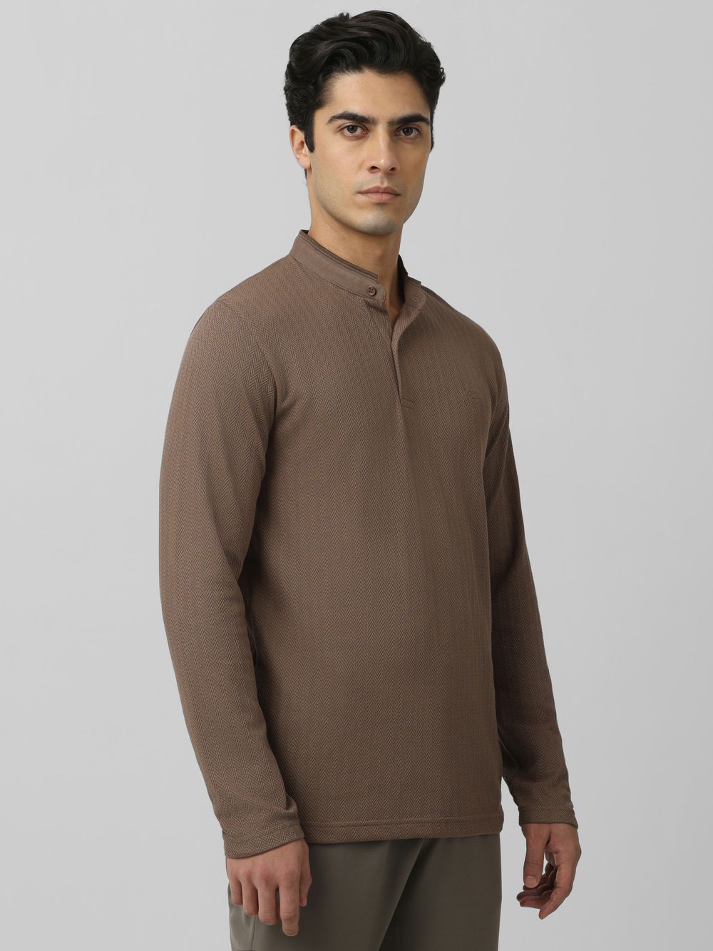 Beige Textured Plain Full Sleeve Casual T-Shirt