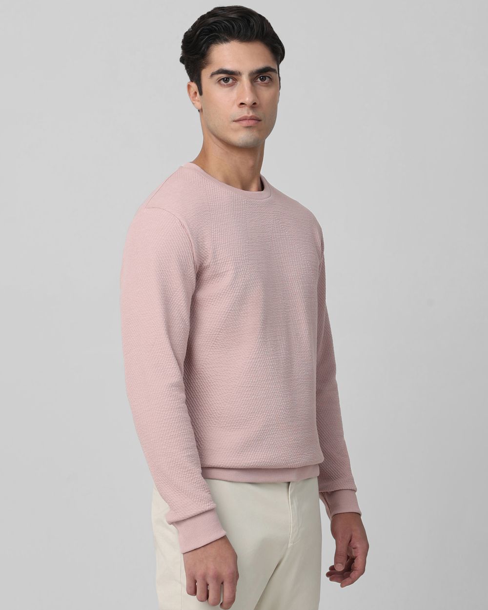 Pink Textured Plain Slim Fit T-Shirt