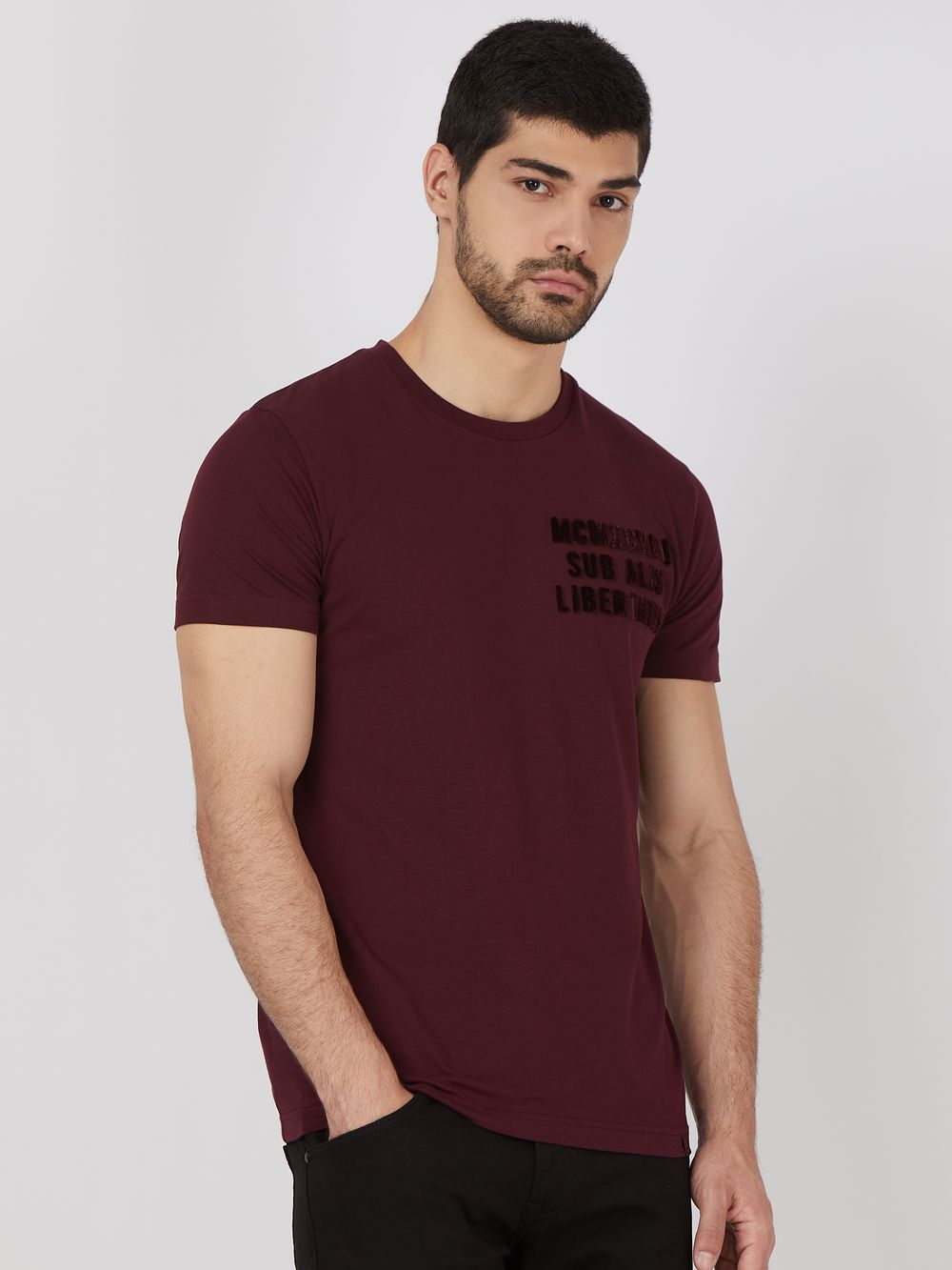 Maroon Flock Embroidery Slim Fit Jersey T-Shirt