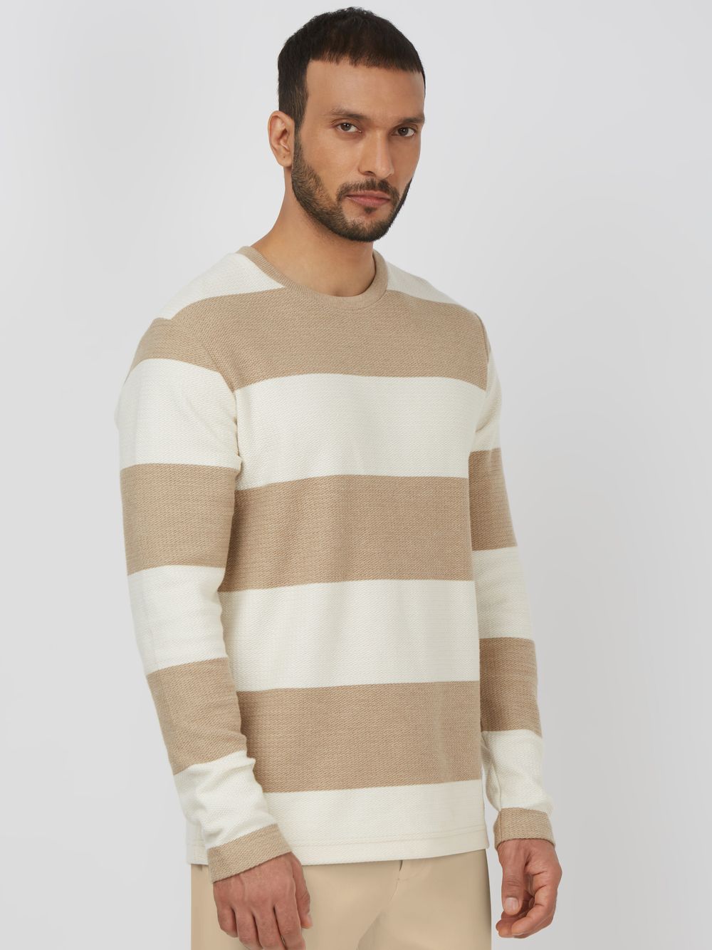 Beige Textured Stripe Slim Fit Textured Jersey T-Shirt