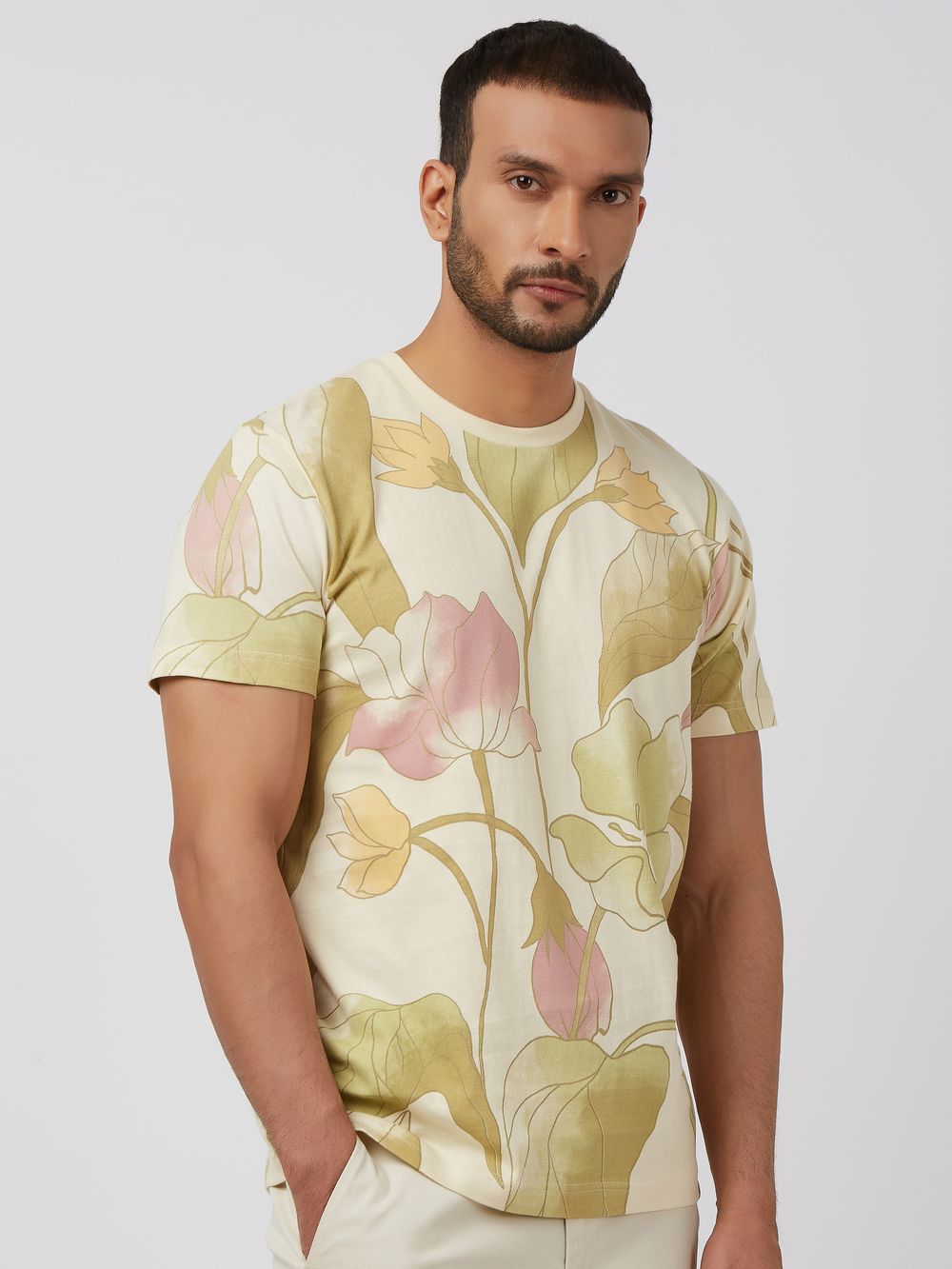 Beige Floral Print Slim Fit T-Shirt