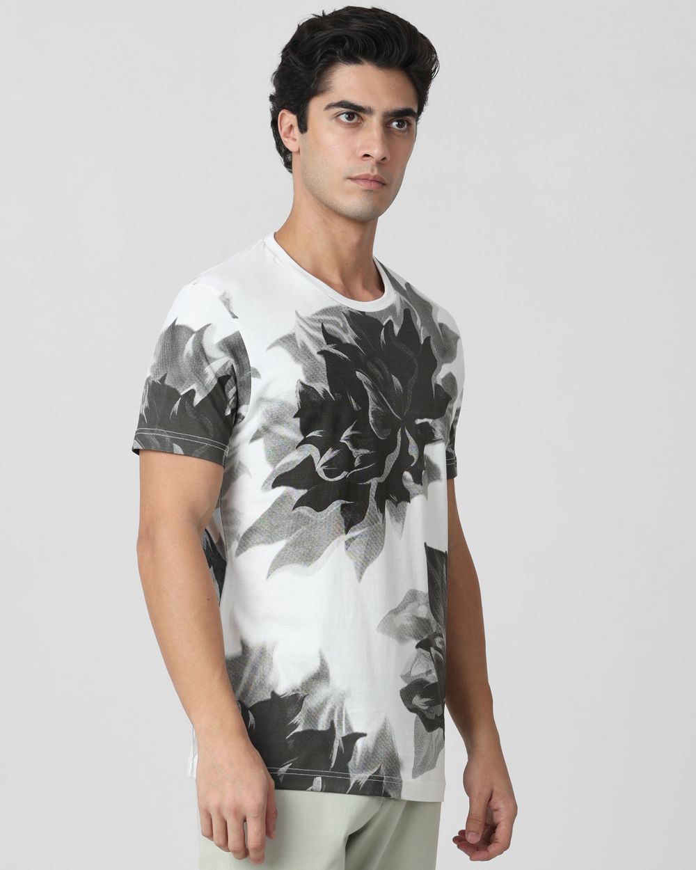 Grey Floral Print Slim Fit T-Shirt