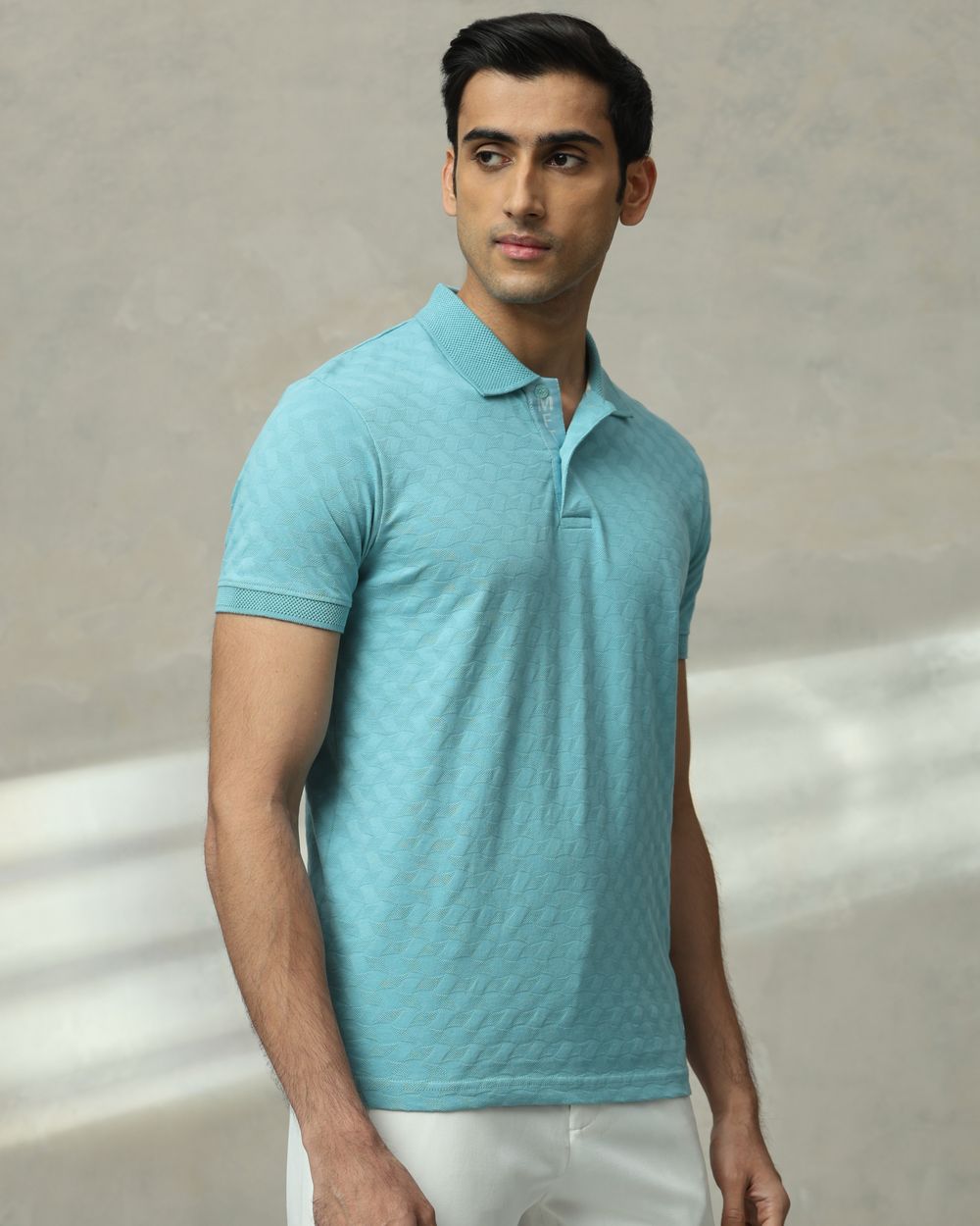 Turquoise Textured Plain Slim Fit T-Shirt