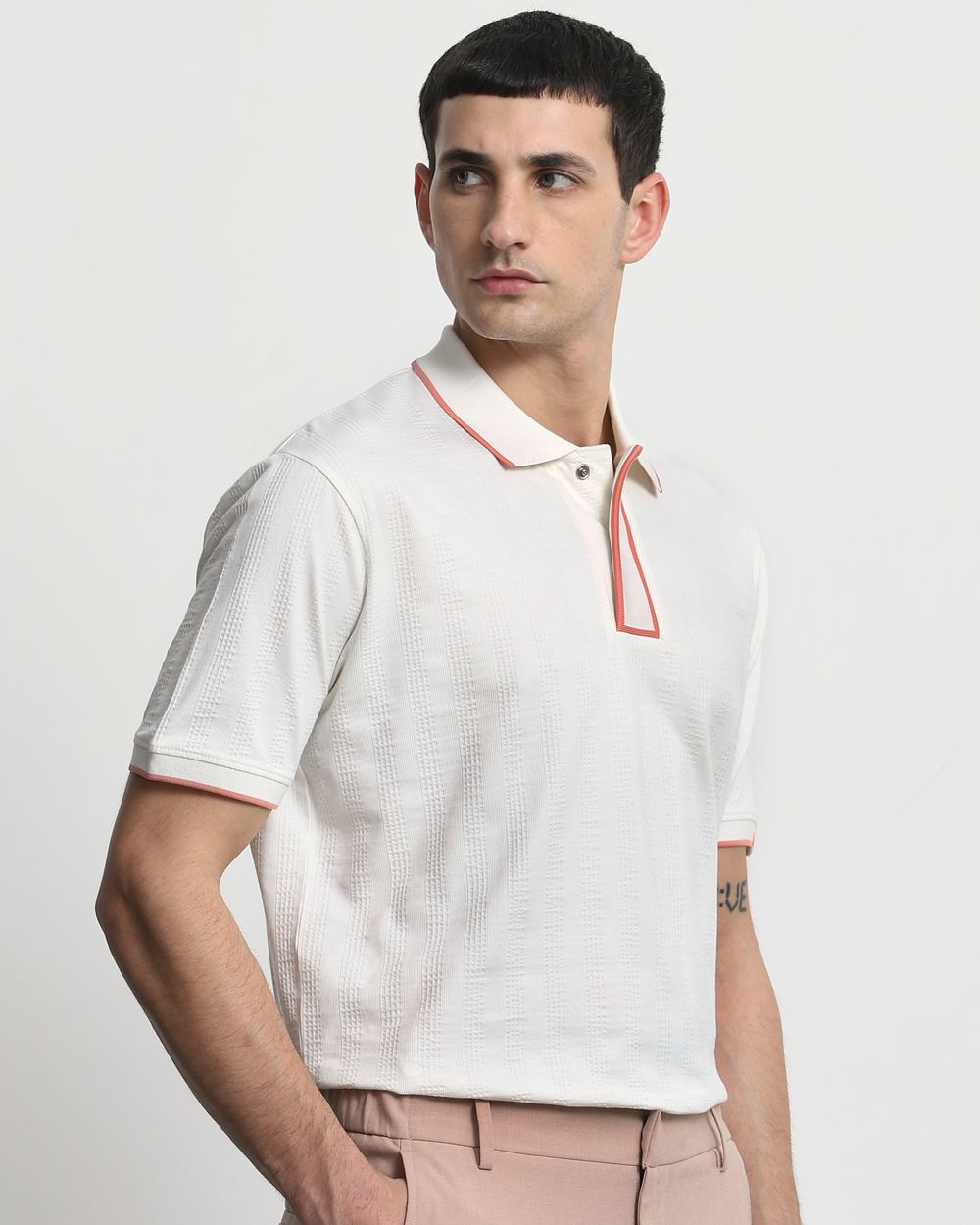 White Textured Plain Regular Fit T-Shirt