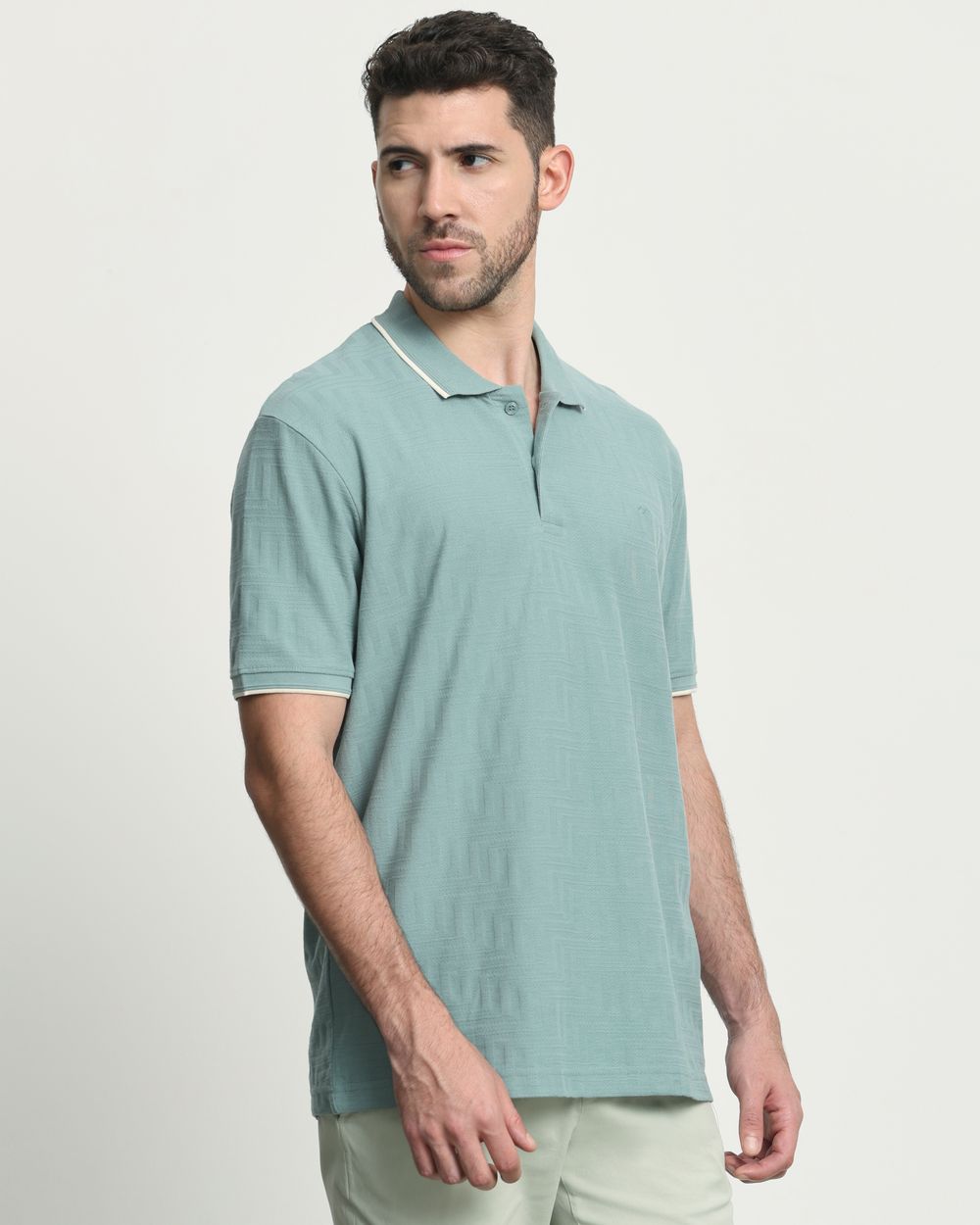 Green Textured Jacquard Regular Fit T-Shirt