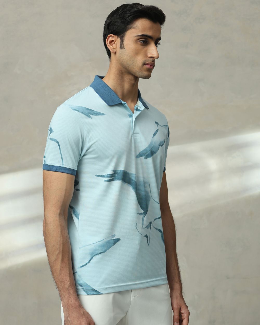 Light Blue Bird Print Slim Fit T-Shirt
