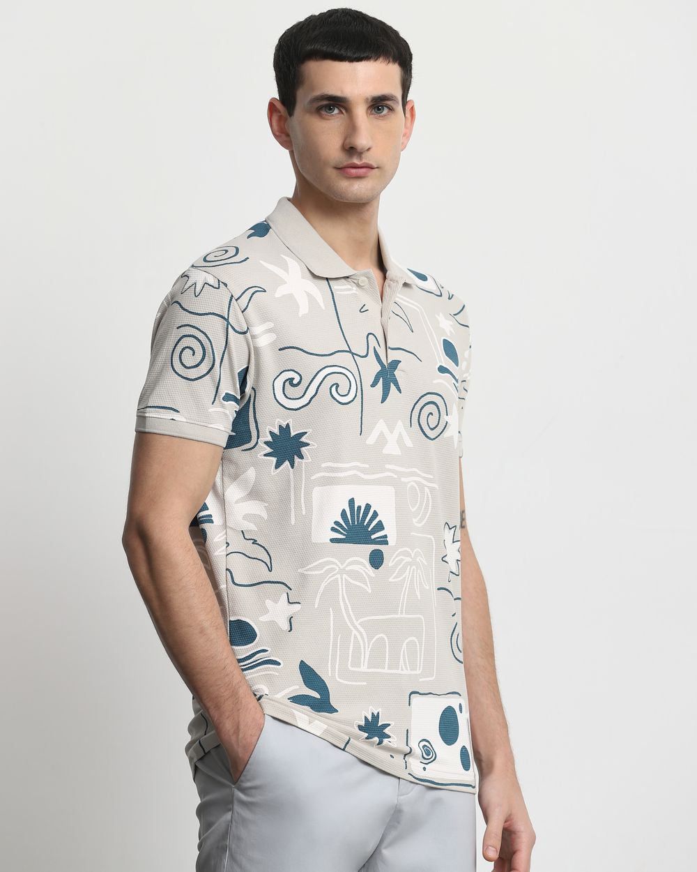 Light Grey Abstract Print Slim Fit T-Shirt